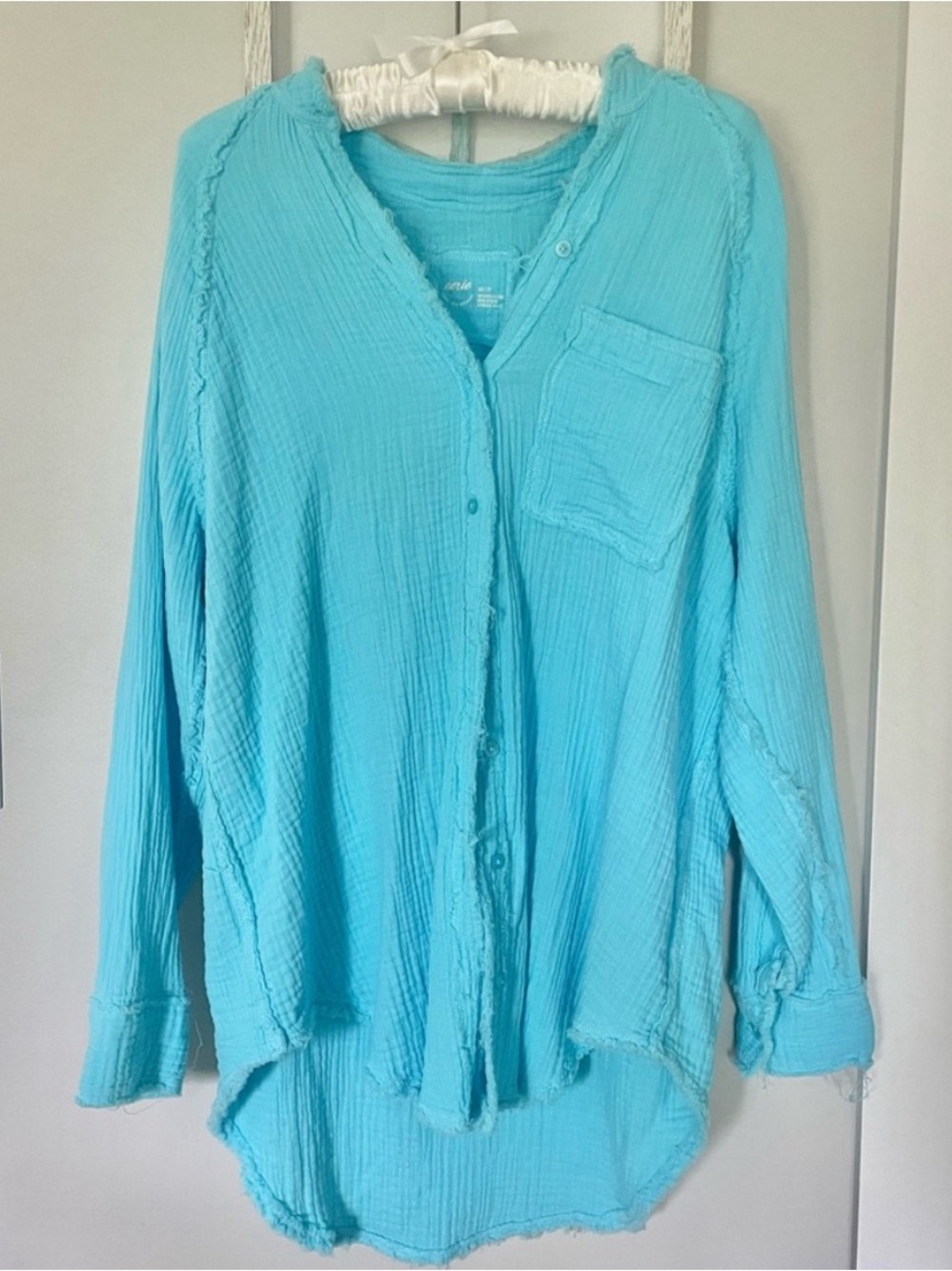 aerie Turquoise Button-Front Gauze Shirt